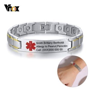 Vnox Free Personalized Engraving Medical Alert ID Bracelets for Men 12mm Stainless Steel Magnetic Bracelets Therapy Jewelry
