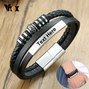 Vnox Men's Stylish Black Leather Bracelets with Custom Engrave Service Stainless Steel  ID Tag Bar Accessories