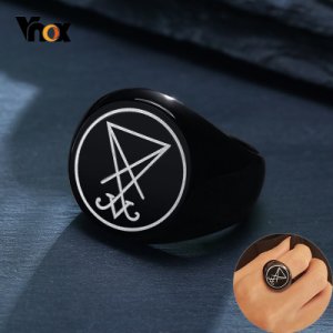 Vnox Occult Stainless Steel Sigil of Baphomet Ring Gothic Witch Church of Satan Cross Rings Satanic Lucifer Men Punk Jewelry