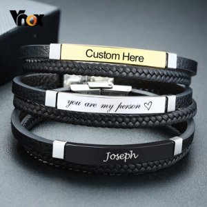 Vnox Personalize Braided Genuine Leather Bracelets for Men Customize Name Words Stainless Steel Casual Male Bangle