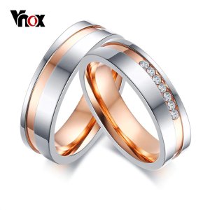 Vnox Personalize Elegant Wedding Rings for Women Men CZ Stones Stainless Steel Couple Promise Band Engagement Wedding Jewelry