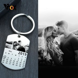 Vnox Personalized Photo Calendar Key Chain Love Date Gifts for Lovers Promise Stainless Steel Souvenir ID Tag Custom Jewelry