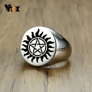 Vnox Personalized Sun Flower with Star Bulky Round Top Ring For Men Stainless Steel Punk Chunky Signet Ring