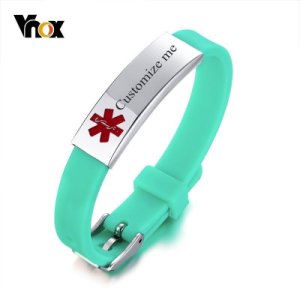 Vnox Sporty Anti Allergy Silicone Medical Alert ID Bracelets For Girl Boy Stainless Steel Bar Adjustable Length Band