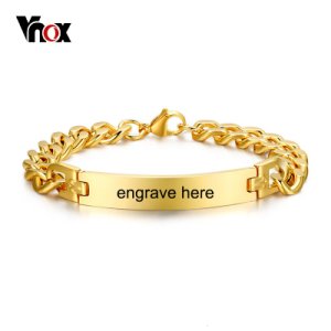 Vnox Stainless Steel Mens ID Bracelets Bangle Gold Color Curb Link Chain Spring Closure Customize Name Date Info Male Boy Bijoux