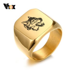 Vnox Stylish Wolf Rings for Men Gold Tone Stainless Steel Biker Men's Signet Ring Free Custom Personalized Engraving