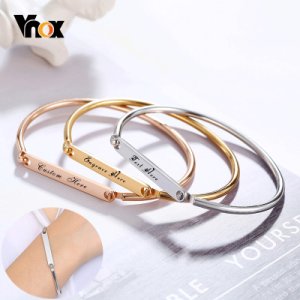 Vnox Women Custom Engrave ID Tag Cuff Bangles Bracelets Gold and Rose Gold Tone Minimalist Wrist Jewelry