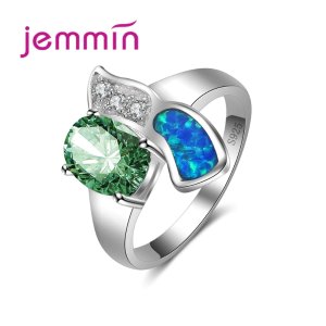 Wholesale & Retail Fashion Green Blue Fire Opal Ring + AAA CZ Crystal 925 Sterling Slive Jewelryr For Women