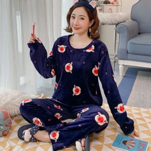 Women Cute Cartoon Print Pajamas Winter 2PCS Set Long Sleeve T Shirt &Pant Sleep Girl Velvet Sleepwear