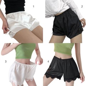 Women Imitation Silk Loose Safety Shorts Sleep Lounge Slip Bloomer Pants Floral Lace Trim Solid Color Pettipants Split Skirt