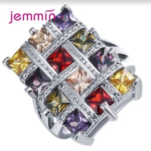 Women New Colorful Stone Rhinestone CZ Rings Pure 925 Sterling Silver Luxury Ring New Fashion Luxury Wide Finger Ring Dropship