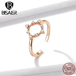 Women Rings BISAER 925 Sterling Silver Simple Round Circle Finger Rings for Women Clear Cubic Zircon Jewelry EFR093