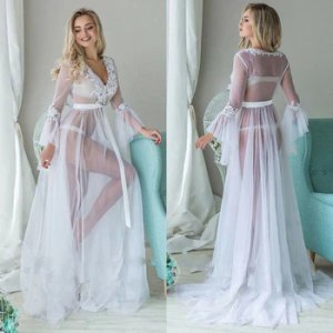 Women Robes Lace Sleepwear Babydoll See Through Ladies Floral Long Dress Sexy