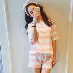 Women's Striped Sleepwear Nightgowns 2pcs women Sleep & Lounge O-neck Pink and White for Girl Home Tshirt + Shorts Pajama Sets
