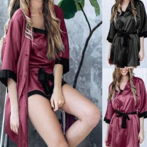 Women Sexy Translucent Sleepwear Set Faux Silk Half Sleeve Short Kimono Bath Robe Solid Color Nightgown With G-String Satin Sash