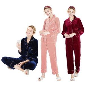 Women Winter Velvet Pajamas Set Button Down Lapel Top Long Pants Sleepwear M-3XL NEW