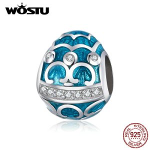 WOSTU 100% 925 Sterling Silver Blue Easter Egg Beads Fit Original Bracelet Pendant Zircon Charms Easter Series Jewelry CTC220