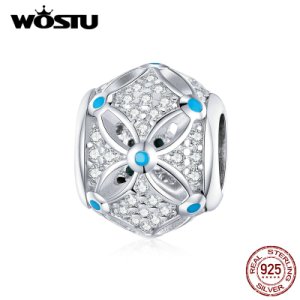 WOSTU 100% 925 Sterling Silver Easter Flowe Beads Fit Original Bracelet Pendant Blue Zircon Charms Easter Series Jewelry CTC222