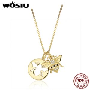 WOSTU 100% 925 Sterling Silver Gold Color Queen Bee Necklaces Dazzling Zircon Pendant For Women Fashion Jewelry Gifts CTN080