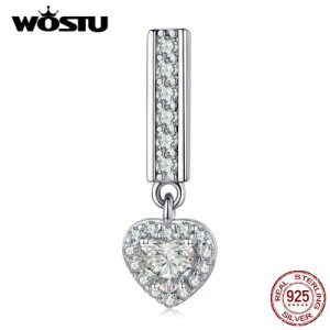 WOSTU 100% 925 Sterling Silver Love Heart Beads Bright Zircon Charms Fit Original Bracelet Pendant For Women Fine Jewelry CQX109