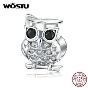 WOSTU 100% 925 Sterling Silver Lovely Owl Animal Beads Clear Zircon Fit Original Bracelet Charms Pendant Fashion Jewelry CTC124