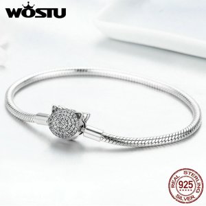 WOSTU 100% 925 Sterling Silver Pink AAA Cubic Zircon Charm Strand Bracelets for Women Fit DIY Beads Sterling Silver Jewelry Gift