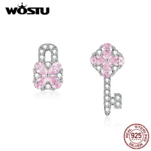 WOSTU 2019 New Authentic 925 Sterling Silver Pink Key Of Heart Lock Earrings For Women Making Engagement Fine Jewelry CTE306