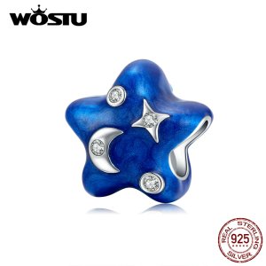 WOSTU 925 Sterling Silver Blue Moon & Star Charms Enemal Zircon Beads Fit Original Bracelet Pendant For Necklace Jewelry CTC178