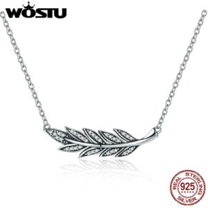 WOSTU 925 Sterling Silver Flower Leaves  Pendants Necklaces  Long Chains For Women Fashion Silver Jewelry CQN287