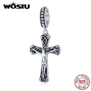 WOSTU 925 Sterling Silver Jesus Cross Beads Charms Fit Original Bracelet Necklace Pendant Religious Style Jewelry CQC1407
