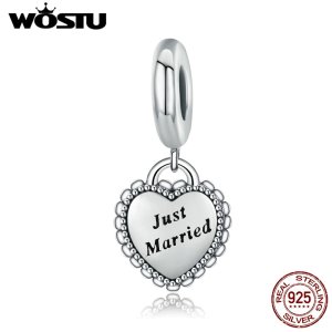 WOSTU 925 Sterling Silver Just Married Heart Dangle Bead Fit Original WST Charm Bracelet Pendant Wedding Jewelry Gift CQC260
