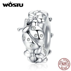 WOSTU 925 Sterling Silver Ladybug Flower Silicone Stopper Beads Spacer Charm Fit Original Bracelet Pendant Fine Jewelry CTC112