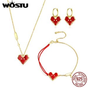 WOSTU 925 Sterling Silver Lucky Mouse Rat Heart Jewelry Set Red Enamel Necklace & Hoop Earrings For Women Wedding Party Jewelry