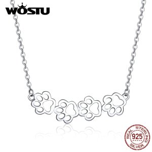 WOSTU 925 Sterling Silver Original Necklace Paw Tail Dog Footprint Long Link Chain For Women Wedding Silver 925 Jewelry CQN346