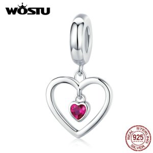 WOSTU 925 Sterling Silver Reddish Heartbeats Charms Fit Original Bracelet Pendant Beads For Women Authentic Fine Jewelry CQC134
