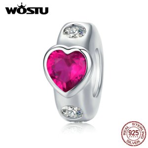 WOSTU 925 Sterling Silver Rose Red Heart Beads Fit Original Bracelet Necklace Charms For Women Wedding  Lover Jewelry CTC123