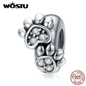 WOSTU 925 Sterling Silver Silicone Stopper Spacer Paw Dog Footprint Beads Charms Fit Original Bracelet Jewelry CQC1312