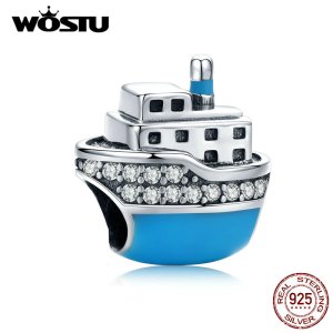 WOSTU 925 Sterling Silver Travel Cruise Ship Blue Beads Zirconia Charms Fit Original Bracelet Necklace Luxury Jewelry CQC1379