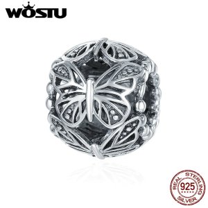WOSTU Authentic 100% 925 Sterling Silver Stackable Butterfly Round Charm Beads fit  DIY Charm Style Bracelet Jewelry Gift CQC491