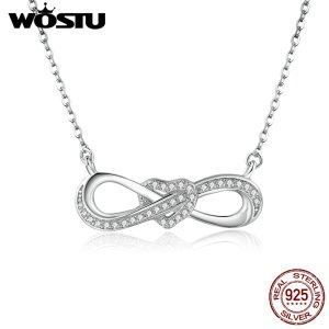 WOSTU Authentic 925 Sterling Silver Infinity Love Heart Knot Pendent & Necklace with Clear Cubic Zircon For Women Wedding CQN100