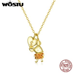 WOSTU Authentic 925 Sterling Silver Lucky Mouse Rat & Dollars Necklace Gold Color Zircon Long Chain Link Jewelry Gift CTN164