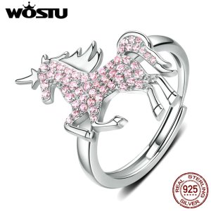 WOSTU Classic Authentic 925 Sterling Silver Cute Pink Unicorns Opening Rings Hot Fashion 2019 New CZ Adjustable Rings CQR557