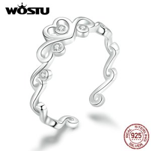 WOSTU Crown Heart Wedding Rings 925 Sterling Silver Adjustable Size Open Ring Finger For Women Fashion Silver 925 Jewelry CTR105