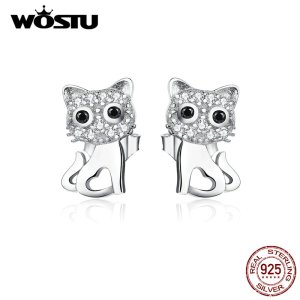 WOSTU Cute Cat Earrings 100% Real 925 Sterling Silver CZ Jewelry Little Kitty For Women  Hot Fashion Jewelry Gift CQE797