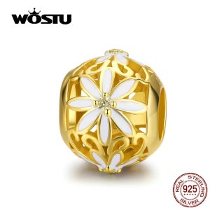 WOSTU Daisy Flower Beads 925 Sterling Silver CZ Gold Color Charm Fit Original Bracelet Pendant Beads For Jewelry Making CQC1216