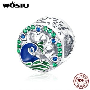 WOSTU Elegant 925 Sterling Silver Peafowl Lucky Beads Charms Fit DIY Bracelet Pendant For Women Wedding Luxury Jewelry CTC037