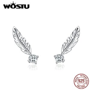 WOSTU European Style Feather Stud Earrings 925 Sterling Silver Zircon Small Earrings For Women Wedding Luxury Jewelry CQE610
