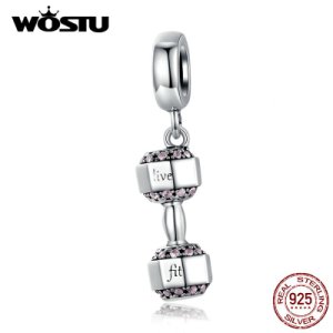 WOSTU Fashion 925 Sterling Silver Dumbbell Fitness Charms Fit Original Bracelet Pendant Beads Women DIY Necklace Jewelry CQC1340