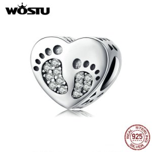 WOSTU Genuine 925 Sterling Silver Footprints Heart Beads Zircon Charms Fit Original Bracelet Pendant For Women Jewelry CQC1395