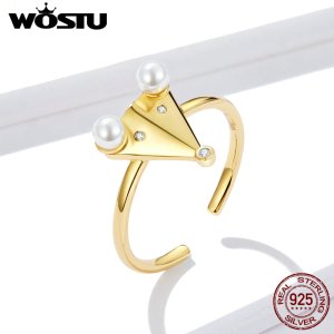 WOSTU Genuine 925 Sterling Silver Little Mouse Rat Pearls Gold Rings Adjustable Size Finger Lucky Ring For Women Jewelry FNR103